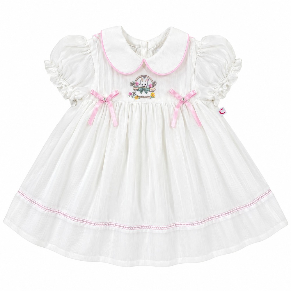 Chintamani Bunny Embroidered Dress Girls 4T White Puff Sleeve Easter Cottagecore